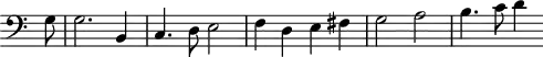 
\version "2.18.2"
\header {
  tagline = ##f
}

\score {
  \new Staff \with {
    \remove "Time_signature_engraver"
  }
  \relative c {
    \key c \major
    \time 2/2
    \tempo 2 = 60
    \clef bass
    %\set Score.currentBarNumber = #30
    \override Rest #'style = #'classical
    \set Staff.midiInstrument = #"harpsichord"

    % Continuo - DTO p. 60
    \partial 8 g'8 | g2. b,4 | c4. d8 e2 | f4 d4 e fis | g2 a | b4. c8 d4

  }
  \layout {
    \context {
      \Score
      \remove "Metronome_mark_engraver"
    }
  }
  \midi {}
}
