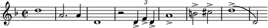 
\header {
  tagline = ##f
}

\score {
  \new Staff \with {

  }
<<
  \relative c'' {
    \key f \major
    \time 2/2
    \tempo 2 = 80
    \override TupletBracket #'bracket-visibility = ##f 
    \autoBeamOff
    \set Staff.midiInstrument = #"french horn"

     %% AB 3-1 th1
     d1 a2. a4 d,1 r2 \times 2/3 { d4-> f-> d-> } a'1-> b!2-> cis-> d1->( d,2)

  }
>>
  \layout {
    \context { \Score \remove "Metronome_mark_engraver"
    }
  }
  \midi {}
}
