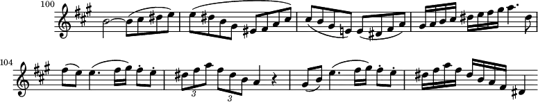 
\version "2.18.2"
\header {
  tagline = ##f
  % composer = "Mozart"
  % opus = "K. 622"
  % meter = "Allegro"
}

\score {
<<
  \relative c'' {
    \key a \major
    \time 4/4
    \override TupletBracket #'bracket-visibility = ##f 
    \set Score.currentBarNumber = #100
    \omit Staff.TimeSignature
    \bar ""
    \tempo 4 = 100
     %%%%%% K622
     b2~ b8( cis dis e) | e( dis b gis eis fis a cis) | cis( b gis e!) e( dis fis a) |
     gis16 a b cis dis e fis gis a4. dis,8 fis( e) e4.( fis16 gis) fis8-. e-. \times 2/3 { dis8 fis a } \times 2/3 {fis dis b} a4 r4
     gis8( b) e4.( fis16 gis) fis8-. e-. dis16 fis a fis dis b a fis dis4

  }
>>
  \layout {
     #(layout-set-staff-size 17)
     \context { \Score \remove "Metronome_mark_engraver" 
     \override SpacingSpanner.common-shortest-duration = #(ly:make-moment 1/2)
     }
  }
  \midi { \set Staff.midiInstrument = #"clarinet" }
}
