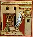 illustration médiévale du taccuino sanitatis montrant le soutirage du vinaigre.A