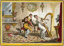 L'amoureux courtise sa belle, qui joue avec passion de la harpe, en chantant avec elle