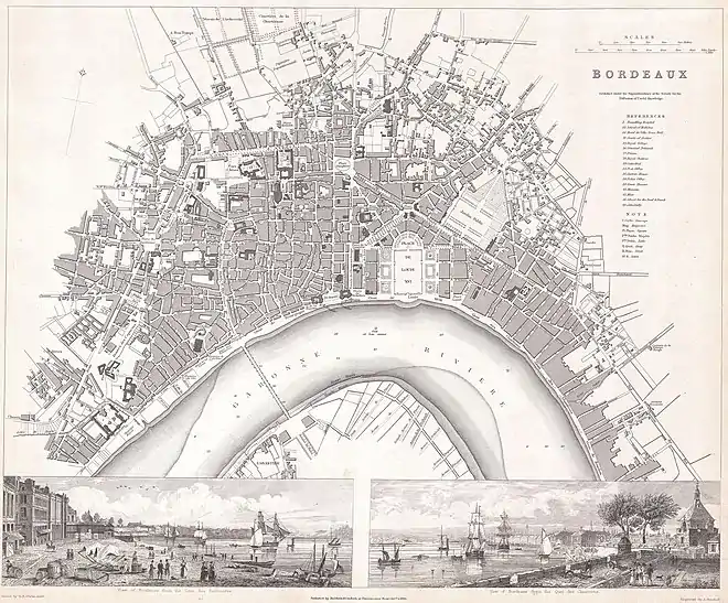 Un plan de la ville au XIXe&nbsp;siècle. La ville s'étend progressivement et on distingue certaines rues encore existantes aujourd'hui.