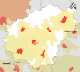 Localisation de l'aire d'attraction de Bort-les-Orgues dans le département de la Corrèze.