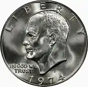 Pièce de monnaie représentant le profil gauche d'un homme avec les inscriptions In God We Trust, Liberty et 1974.