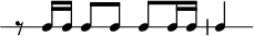 
\header {
  tagline = ##f
}

\score {
  \new RhythmicStaff {
    \time 3/4
    \numericTimeSignature
    \omit Staff.TimeSignature

   r8 c16 c c8[ c] c c16 c | c4

  }
  \layout {
   % indent = #0
  }
  \midi {}
}
