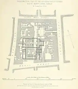Plan cadastral ancien d'un îlot urbain dense sur lequel est superposé le plan d'un monastère.