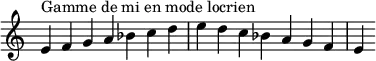 {
\override Score.TimeSignature #'stencil = ##f
\relative c' {
\clef treble \time 7/4
e4^\markup { Gamme de mi en mode locrien } f g a bes c d e d c bes a g f e
} }