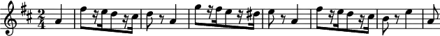 
\header {
  tagline = ##f
}

\score {
  \new Staff \with {

  }
<<
  \relative c'' {
    \key d \major
    \time 2/4
    \override TupletBracket #'bracket-visibility = ##f
    \set Staff.midiInstrument = #"violin"
    \tempo 4 = 180

     %%%%%%%%%%%%%%%%%%%%%%%%%% Le streghe
     \partial 4 a4 fis'8[ r16 e16 d8 r16 cis16] d8 r8 a4
     g'8[ r16 fis16 e8 r16 dis16] e8 r8 a,4
     fis'8[ r16 e16 d8 r16 cis16] b8 r8 e4 a,8

  }
>>
  \layout {
     \context { \Score \remove "Metronome_mark_engraver" }
  }
  \midi {}
}
