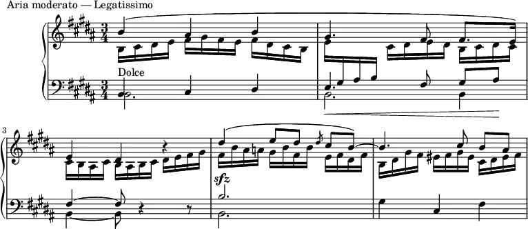 
\version "2.18.2"
\header {
  tagline = ##f
}
upper = \relative c'' {
  \clef treble 
  \key b \major
  \time 3/4
  \tempo 4 = 62
  %\autoBeamOff

   %%Montgeroult — Étude 106 (pdf p. 163)
   << { b4( ais b gis4. fis8 fis8. e16) } \\ { b16 cis dis e fis  gis fis e fis dis cis b e \stemUp \change Staff = "lower" gis, ais b \stemDown \change Staff = "upper" cis dis e dis b cis dis cis } >>

   << { e4 dis b'4\rest dis4( e8[ dis] \slashedGrace dis8 cis b~) b4. cis8 b[ ais] } \\ { cis,16 b ais cis  b ais b cis dis e fis gis fis b ais a! gis b fis b e, fis dis fis | b, dis gis fis eis fis gis eis cis dis eis fis } >>

}

lower = \relative c {
  \clef bass
  \key b \major
  \time 3/4

   << { b4^\markup{Dolce} cis dis e4._\< fis8 gis[ ais]\! } \\ { b,2. b }  \\ { s2. s2 \stemDown b4 } >>
   << { fis'4~ fis8 d4\rest d8\rest b'2.^\sfz } \\ { b,4~ b8 s4 s8 b2. } >>
   gis'4 cis, fis
}

  \header {
    piece = "Aria moderato — Legatissimo"
  }

\score {
  \new PianoStaff <<
    \new Staff = "upper" \upper
    \new Staff = "lower" \lower
  >>
  \layout {
    \context {
      \Score
      \remove "Metronome_mark_engraver"
    }
  }
  \midi { }
}
