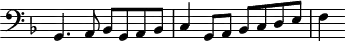 
\header {
  tagline = ##f
}

\score {
  \new Staff \with {
     \remove "Time_signature_engraver"
  }
<<
  \relative c {
    \key f \major
    \clef bass
    \time 2/2
    \override TupletBracket #'bracket-visibility = ##f 

     %%% f° 49
     g4. a8 bes g a bes c4 g8 a bes c d e  f4

  }
>>
  \layout {
     \context { \Score \remove "Metronome_mark_engraver" }
  }
  \midi {}
}
