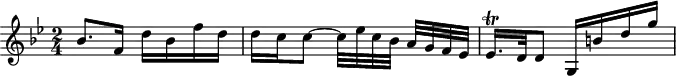 
\header {
  tagline = ##f
}

\score {
  \new Staff \with {

  }
<<
  \relative c'' {
    \key bes \major
    \time 2/4
    \override TupletBracket #'bracket-visibility = ##f 
    %\autoBeamOff

     %%%%%%% K15q
     bes8. f16 d'16 bes f' d d c c8~ c32 ees c bes a[ g f ees] ees16.\trill d32 d8 g,16 b'! d g
     
  }
>>
  \layout {
    \context {
      \remove "Metronome_mark_engraver"
    }
  }
  \midi {}
}
