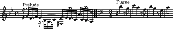 
\version "2.18.2"
\header {
  tagline = ##f
}

\score {
  \new Staff \with {

  }
<<
  \relative c'' {
    \key g \minor
    \time 4/4
	\set Staff.midiInstrument = #"harpsichord" 
    \override TupletBracket.bracket-visibility = ##f

     %% INCIPIT CBT II-10, BWV 879, mi mineur
     << { r16.^\markup{Prélude} g32 d16. f32 ees4~ ees16. ees32 d16.\prall c32 a'16. c,32 bes16.\prall a32 } \\ { r4 r16. bes32 a16. c32 fis,2 } >> \bar ".." 

     \skip 8*1
     \override Staff.Clef.extra-offset = #'( -1 . 0 )
     \clef bass 
     \time 3/4 \partial 2. \relative c' {
     r4^\markup{Fugue} d4 r8 bes8 ees4 c r8 a8 d4 bes r8 g8 
{ 
 % suppression des warnings :
 #(ly:set-option 'warning-as-error #f)
 #(ly:expect-warning (_ "stem does not fit in beam")) %% <= à traduire éventuellement
 #(ly:expect-warning (_ "beam was started here")) %% <= à traduire éventuellement
  \set stemRightBeamCount = #1
  c4*1/2[ s]
} }
  }
>>
  \layout {
     \context { \Score \remove "Metronome_mark_engraver" 
                \override SpacingSpanner.common-shortest-duration = #(ly:make-moment 1/2) 
          }
  }
  \midi {}
}
