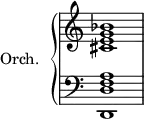 
\version "2.18.2"
\header {
  tagline = ##f
}

%%%%%%%%%% KEYS %%%%%%%%%%%%%

global = { \time 4/4 \override Staff.TimeSignature.stencil = ##f }
Key = { \key c \major }

%% main droite
rhUpper = \relative c'' {
  \voiceOne
  \Key
  < g bes >1
}
rhLower = \relative c' {
  \voiceTwo
  \Key
  < cis e >1
}

%% main gauche
lhUpper = \relative c' {
  \voiceOne
  \Key
  < f, a >1
}
lhLower = \relative c {
  \voiceTwo
  \Key
  < d, d' >1
}

PianoRH = {
  \clef treble
  \global
  \set Staff.midiInstrument = #"acoustic grand"
  <<
    \new Voice = "one" \rhUpper
    \new Voice = "two" \rhLower
  >>
}
PianoLH = {
  \clef bass
  \global
  \set Staff.midiInstrument = #"acoustic grand"
  <<
    \new Voice = "one" \lhUpper
    \new Voice = "two" \lhLower
  >>
}

piano = {
  <<
    \set PianoStaff.instrumentName = #"Orch."
    \new Staff = "upper" \PianoRH
    \new Staff = "lower" \PianoLH
  >>
}

\score {
  \new PianoStaff <<
    \new PianoStaff = "piano" \piano
  >>
  \layout {
    \context {
      \Score
      \remove "Metronome_mark_engraver"
    }
  }
  \midi { }
}

