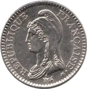 Motif de la Marianne de Dupré (1795) repris sur la pièce de 1 franc (1992)