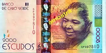 Nouveau billet de 2&nbsp;000&nbsp;$ : Cesaria Evora (avers)