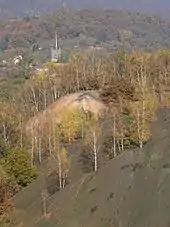 Deux terrils semi-coniques, l'un de teinte rouge et l'autre noir sont en partie couvert d'arbres.