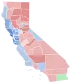 Vainqueur par comté : Newsom en bleu, Cox en rouge et Villaraigosa en vert.