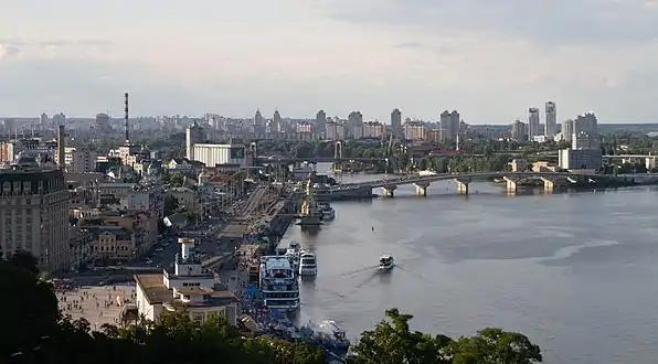 Centre de Kiev avec ses îles sur le Dniepr et la place Poshtova à gauche.