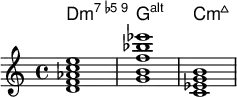 <<
  \new ChordNames { \relative {
  <d f aes c e>1 <g b d f aes bes cis ees>1 < c ees g b>1  }
}
  \new Staff \relative c'{
 <d f aes c e>1 <g b f' bes ees>1 < c, ees g b>1  }

  >>