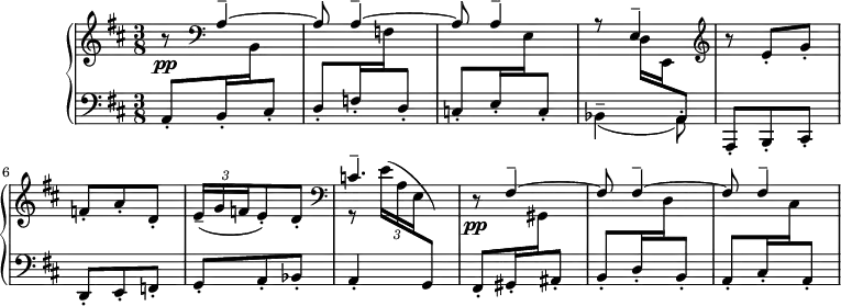 
\version "2.18.2"
\header {
  tagline = ##f
}
upper = \relative c' {
  \clef treble 
  \key b \minor
  \time 3/8
  \tempo 4. = 72

   %%Falla — Siete canciones, n° 1

   \stemUp r8\pp \clef bass \repeat unfold 2 { a4^-^~ a8 } a4^- << { r8 e4^- ) } \\ { s8 d16 e, \stemUp \change Staff = "lower" a8 } >>
   \change Staff = "upper" \clef treble r8 e''8-.^\( g-. f-. a-. d,-. \times 2/3 { e16--( g f } e8-.) d-. 
   \clef bass << { c4.--\) } \\ { r8 \times 2/3 { e16^( a, e } \stemUp \change Staff = "lower" g,8)( } >>
   \change Staff = "upper" r8\pp \repeat unfold 2 { fis'4^-^~ fis8 } fis4^-
   
}

lower = \relative c {
  \clef bass
  \key b \minor
  \time 3/8

   a8-. b16-. \change Staff = "upper" b \change Staff = "lower" cis8-.
   d8-. f16-. \change Staff = "upper" f \change Staff = "lower" d8-.
   c8-. e16-. \change Staff = "upper" e \change Staff = "lower" c8-. 
   \stemDown bes4--_( a8-.)
   \stemUp a,8-. b-. cis-. | d-. e-. f-. | g-. a-. bes-. a4-. s8
   
   fis8-.) gis16-. \stemDown \change Staff = "upper" gis \stemUp \change Staff = "lower" ais8-.
   b8-. d16-. \stemDown \change Staff = "upper" d \stemUp \change Staff = "lower" b8-.
   a8-. cis16-. \stemDown \change Staff = "upper" cis \stemUp \change Staff = "lower" a8-. 
}

  \header {
    piece = ""
  }

\score {
  \new PianoStaff <<
    \new Staff = "upper" \upper
    \new Staff = "lower" \lower
  >>
  \layout {
    \context {
      \Score
      \remove "Metronome_mark_engraver"
      \override TupletBracket.bracket-visibility = ##f
    }
  }
  \midi { }
}
