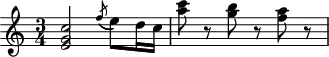 
\header {
  tagline = ##f
}

\score {
  \new Staff \with {

  }
<<
  \relative c'' {
    \key c \major
    \time 3/4
    \override TupletBracket #'bracket-visibility = ##f 
    \autoBeamOff

     %%%%%%%%%%%%%%%%%%%%%%%%%% K33f / Anh 201
     < c g e >2 \acciaccatura f8( e8)[ d16 c] < c' a >8 r8 < b g >8 r8 < a f >8 r8

  }
>>
  \layout {
    \context {
      \remove "Metronome_mark_engraver"
    }
  }
  \midi {}
}
