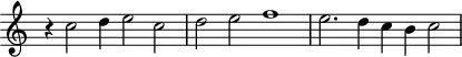 
\header {
  tagline = ##f
}

\score {
  \new Staff \with {
     \remove "Time_signature_engraver"
  }
<<
  \relative c'' {
    \key c \major
    %\clef bass
    \time 4/2
    \override TupletBracket #'bracket-visibility = ##f 

     %%% f° 105v
     r4 c2  d4 e2  c d e  f1  e2. d4 c b c2
  }
>>
  \layout {
     \context { \Score \remove "Metronome_mark_engraver" }
  }
  \midi {}
}
