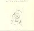 Plan du sommet du pic. En (a), l'empreinte ; en (d), plan au sol du sanctuaire dédié à l'empreinte. William Skeen, 1870.