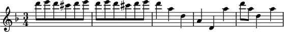 
\header {
  tagline = ##f
}

\score {
  \new Staff \with {

  }
<<
  \relative c'' {
    \key f \major
    \time 3/4
    \tempo 4 = 140
    \override TupletBracket #'bracket-visibility = ##f 
    %\autoBeamOff
    \set Staff.midiInstrument = #"string ensemble 1"

     %% AB 3-3 th1
     d'8e d cis d e d e d cis d e d4 a d, a d, a'' d8 a d,4 a'

  }
>>
  \layout {
    \context { \Score \remove "Metronome_mark_engraver"
    }
  }
  \midi {}
}
