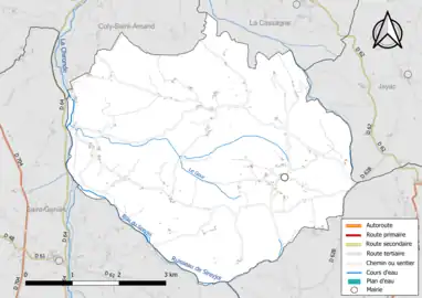 Carte en couleur présentant le réseau hydrographique de la commune