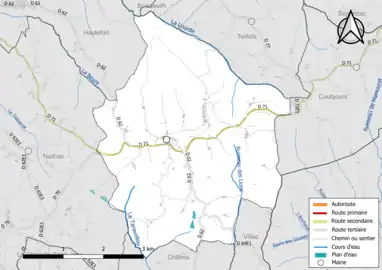 Carte en couleur présentant le réseau hydrographique de la commune
