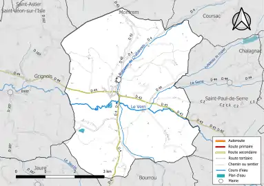 Carte en couleur présentant le réseau hydrographique de la commune