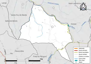 Carte en couleur présentant le réseau hydrographique de la commune