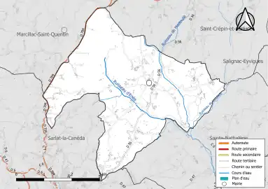 Carte en couleur présentant le réseau hydrographique de la commune