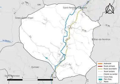 Carte en couleur présentant le réseau hydrographique de la commune