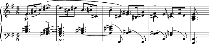 \version "2.18.2"
\header {
tagline = ##f
}
upper = \relative c' {
\clef treble
\key g \major
\time 6/8
\tempo 4. = 76 % nonobstant le 94 de la partition, c'est beaucoup trop peu pratiqué par les interprètes...
\tempo "Allegretto"
%\autoBeamOff
\set Staff.midiInstrument = #"acoustic grand"
e8.(\p ais16 b8) dis4.->~\( dis8. bis16 dis8 bis8. b16 cis,8 b'4-- cis,8\) < e gis >8.\( bis16 < dis gis >8
<< { fis4-- e8\) e8. fis16 d8 } \\ { cis4. c4. } >>
< g b e >8.
}
lower = \relative c' {
\clef bass
\key g \major
\time 6/8
\set Staff.midiInstrument = #"acoustic grand"
<< { < b dis g >4. < gis bis e >~-> q < a_~ cis eis >4. < a eis' gis >4( fis,8) < a' bis >4( fis,8) < g' ais >4( b,8) < fis' a >4( b,8) } \\ { s2. < a e' >2. } >>
< e b' >4.
}
\score {
\new PianoStaff <<
\set PianoStaff.instrumentName = #""
\new Staff = "upper" \upper
\new Staff = "lower" \lower
>>
\layout {
\context {
\Score
\remove "Metronome_mark_engraver"
}
}
\midi { }
}