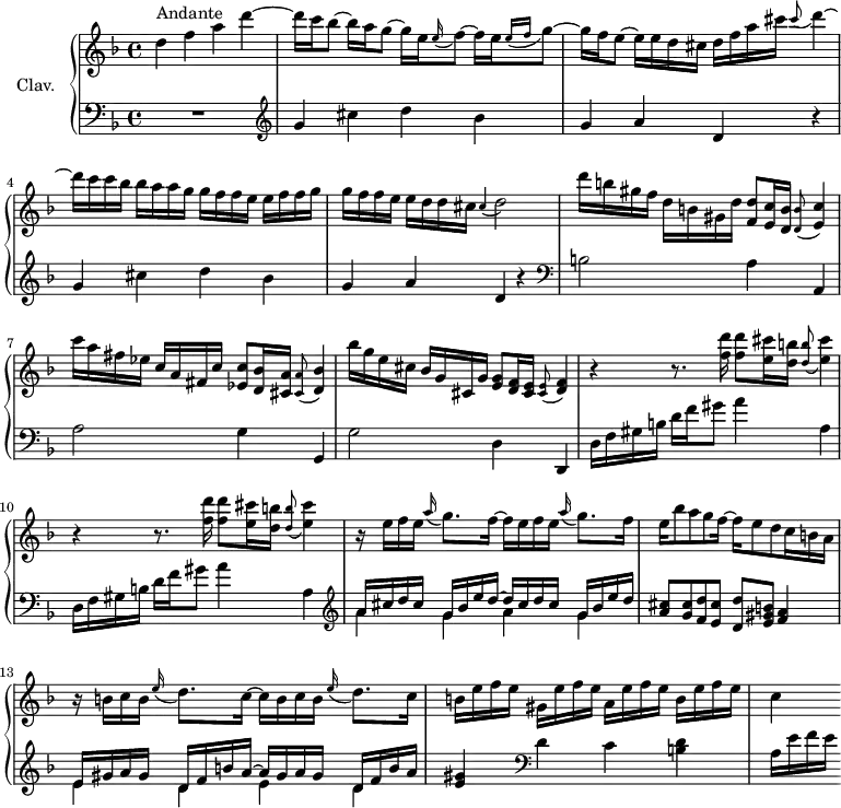 
\version "2.18.2"
\header {
  tagline = ##f
}

%% les petites notes
trillFis = { \tag #'print { fis8.\trill } \tag #'midi { gis32 fis gis fis } }

graceGq = { \tag #'print { \grace { e16( f } g8~)] } \tag #'midi { \times 2/3 { e32 f g~ } g16 } }

appoD = { \tag #'print { \appoggiatura cis8 d4~ } \tag #'midi { cis8 d8~ } }
appoFq = { \tag #'print { \appoggiatura e16 f8~ } \tag #'midi { e16 f16~ } }
appoDd = { \tag #'print { \appoggiatura cis4 d2 } \tag #'midi { cis4 \tempo 4 = 45 d4 \tempo 4 = 56 } }
appoEC = { \tag #'print { \appoggiatura < d b' >8 < e c' >4 } \tag #'midi { < d b' >8 < e c' >8 } }
appoDBes = { \tag #'print { \appoggiatura < cis a' >8 < d bes' >4 } \tag #'midi { < cis a' >8 < d bes' >8 } }
appoDF = { \tag #'print { \appoggiatura < cis e >8 < d f >4 } \tag #'midi { < cis e >8 < d f >8 } }
appoCE = { \tag #'print { \appoggiatura < d b' >8 < e cis' >4 } \tag #'midi { < d b' >8 < e cis' >8 } }

upper = \relative c'' {
  \clef treble 
  \key d \minor
  \time 4/4
  \tempo 4 = 56
  \set Staff.midiInstrument = #"harpsichord"

     s8*0^\markup{Andante}
     d4 f a d~ | d16 c bes8~ bes16 a g8~ g16 e \appoFq f16[ e \graceGq | g16 f e8~ e16 e d cis  d f a cis \appoD 
     % ms. 4
     d16 c c bes  bes a a g  g f f e  e f f g | g f f e  e d d cis \appoDd |
     % ms. 6
     d'16 b gis f  d b gis d' < f, d' >8 < e c' >16 < d b' > \appoEC | c''16 a fis ees c a fis c' < ees, c' >8 < d bes' >16 < cis a' > \appoDBes |
     % ms. 8
     bes''16 g e cis bes g cis, g' < e g >8 < d f >16 < cis e > \appoDF | \repeat unfold 2 { r4 r8. < f' d' >16 q8 < e cis' >16 < d b' > \appoCE } |
     % ms. 11
     r16 e16 f e \appoggiatura a16 g8. f16~ f e f e \appoggiatura a16 g8. f16 |
     % ms. 12
     e16 bes'8 a g f16~ f e8 d c16 b a | r16 b16 c b \appoggiatura e16 d8. c16~ c b c b \appoggiatura e16 d8. c16 | 
     % ms. 14
     b16 e f e  gis, e' f e  a, e' f e  b e f e  | c4

}

lower = \relative c' {
  \clef bass
  \key d \minor
  \time 4/4
  \set Staff.midiInstrument = #"harpsichord"

    % **************************************
     R1 |   \clef treble \repeat unfold 2 { g'4 cis d bes | g a d, r4 } |
     % ms. 6
       \clef bass b2 a4   \tempo 4 = 40 a, |   \tempo 4 = 56 a'2 g4   \tempo 4 = 40 g, |   \tempo 4 = 56
      g'2 d4   \tempo 4 = 40 d,   \tempo 4 = 56 | \repeat unfold 2 {   \tempo 4 = 56 d'16 f gis b d f gis8 a4 a, } |
     % ms. 11
      \clef treble << { a'16 cis d cis g bes e d~ d cis d cis g bes e d } \\ { a4 g a   \tempo 4 = 40 g } >> |   \tempo 4 = 56
     % ms. 12
     < a cis >8 < g cis > < f d' > < e cis' > < d d' > < e gis b > < f a >4 | << { e16 gis a gis d f b a~ a gis a gis d f b a } \\ { e4 d e d } >>
     % ms. 14
     < e gis >4   \clef bass d4 c < b d > | a16 e' f e  

}

thePianoStaff = \new PianoStaff <<
    \set PianoStaff.instrumentName = #"Clav."
    \new Staff = "upper" \upper
    \new Staff = "lower" \lower
  >>

\score {
  \keepWithTag #'print \thePianoStaff
  \layout {
      #(layout-set-staff-size 17)
    \context {
      \Score
     \override SpacingSpanner.common-shortest-duration = #(ly:make-moment 1/2)
      \remove "Metronome_mark_engraver"
    }
  }
}

\score {
  \keepWithTag #'midi \thePianoStaff
  \midi { }
}
