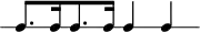 
\header {
  tagline = ##f
}

\score {
  \new RhythmicStaff {
    \time 12/8
    \numericTimeSignature
    \omit Staff.TimeSignature

   c8. c16 c8. c16 c4 c4 

  }
  \layout {
   % indent = #0
  }
  \midi {}
}
