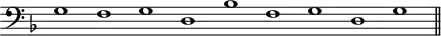
\header {
  tagline = ##f
}

\score {
  \new Staff \with {
    \remove "Time_signature_engraver"
  }
  \relative c' {
    \key f \major
    \time 9/1
    \tempo 1 = 60
    \autoBeamOff
    \clef bass
    \override Rest #'style = #'classical
    \set Staff.midiInstrument = #"harpsichord"

      g1 f g d bes' f g d g
    
    \bar "||"
  }
  \layout {
    \context {
      \Score
      \remove "Metronome_mark_engraver"
    }
  }
  \midi {}
}
