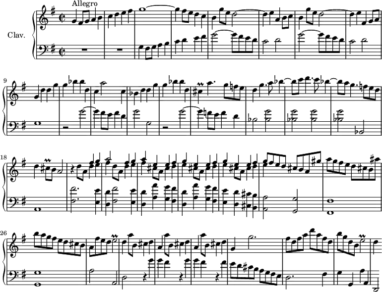 
\version "2.18.2"
\header {
  tagline = ##f
}

%% les petites notes
trillCis         = { \tag #'print { cis4\prall } \tag #'midi { d32 cis d cis~ cis8 } }
trillCisq        = { \tag #'print { cis8\prall } \tag #'midi { d32 cis d cis } }
trillE           = { \tag #'print { e2\prall } \tag #'midi { fis32 e fis e~ e8~ e4 } }

upper = \relative c'' {
  \clef treble 
  \key g \major
  \time 2/2
  \tempo 2 = 88
  \set Staff.midiInstrument = #"harpsichord"

      s8*0^\markup{Allegro}
      g4 fis8 g a4 b | c d e fis | g1~ | g4 fis8 e d4 c | b g'8 e d2~ |
      % ms. 6
      d4 e a, b8 c | b4 g'8 e d2~ | d4 e fis, g8 a | g4 d' d  g | g bes bes d, |
      % ms. 11
      c4 a'2 c,4 | bes d d  g | g bes bes d, | \trillCis a'4. g8 f e | d4 g4. a8 bes4~ |
      % ms. 16
      bes8 c d4. c8 bes4~ | bes8 a g4. f8 e d | d4 \trillCisq b8 a2 | r4 << { s4 fis'4 g | a2 fis4 g  | a e e fis } \\ { d8 a d4 e | fis d8 a d4 e | fis cis8 a cis4 d } >>
      % ms. 22
      \repeat unfold 2 { << { g4 e e fis } \\ { e4 cis8 a cis4 d } >> } << { g8 fis e d cis b a gis' } \\ { e4 } >> | a8 g fis e d cis b ais' |
      % ms. 26
      b8 a g fis e d cis b | a fis' e d \trillE | d4 a'8 b, cis4 d | \repeat unfold 2 { a4 a'8 b, cis4 d } |
      % ms. 31
      g,4 g'2. | fis8 d fis a d a fis d | b' g d b \trillE | d4 s4

}

lower = \relative c' {
  \clef bass
  \key g \major
  \time 2/2
  \set Staff.midiInstrument = #"harpsichord"

    % **************************************
      R1*2 | g4 fis8 g a4 b | c d e fis | \repeat unfold 2 { g2~ g8 fis e d |
      % ms. 9
      c2 d } | g,1 | r2 g'2~ g4 fis8 e fis4 d | g2 g, | r2 g'2~ | g4 f8 e f4 d | bes2 < bes g' >2 |
      % ms. 16
      q2 q | q bes,2 | a1 | < fis' fis' >2. < e e' >4 | < d d' >4 < fis fis' >2 < e e' >4 | 
      % ms. 21
      \repeat unfold 2 { < d d' >4 < a' a' > < g g' > < fis fis' > } | < e e' > < d d' > < cis cis' > < b b' > | < a a' >2 < g g' >2 | < fis fis' >1 |
      % ms. 26
      < g g' >1 | a'2 a, | d2 \repeat unfold 2 { r4 g'4 | g fis } r4 fis4 |
      % ms. 31
      e8 d cis b a g fis e | d2. fis4 | g g, a' a, | d,2*1/2


}

thePianoStaff = \new PianoStaff <<
    \set PianoStaff.instrumentName = #"Clav."
    \new Staff = "upper" \upper
    \new Staff = "lower" \lower
  >>

\score {
  \keepWithTag #'print \thePianoStaff
  \layout {
      #(layout-set-staff-size 17)
    \context {
      \Score
     \override SpacingSpanner.common-shortest-duration = #(ly:make-moment 1/2)
      \remove "Metronome_mark_engraver"
    }
  }
}

\score {
  \keepWithTag #'midi \thePianoStaff
  \midi { }
}
