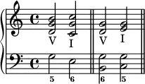 
\version "2.18.2"
\header {
  tagline = ##f
}

upper = \relative c'' {
    \clef treble
    \key c \major
    \time 4/4
    \tempo 4 = 80

     %%
     < b g d >2-V < c g c, >-I
     < g d >2-V < g e >-I

}

lower = \relative c' {
    \clef bass
    \key c \major
    \time 4/4

     g2_5 e_6 \bar "||"
     < g b, >2_6 < g c, >_5 \bar "||"
}

\score {
  \new PianoStaff <<
    \set PianoStaff.instrumentName = #""
    \new Staff = "upper" \upper
    \new Staff = "lower" \lower
  >>
  \layout {
     \context { \Score \remove "Metronome_mark_engraver"
    }
  }
  \midi { }
}
