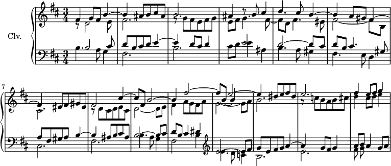 
\version "2.18.2"
\header {
  tagline = ##f
}
upper = \relative c' {
  \clef treble 
  \key b \minor
  \time 3/4
  \tempo 4 = 86

    %s8*0^\markup{Andante}
    << { s2.*10 s4 e'2~ e4 } \\ { \stemUp fis,4 g8 fis b4^~ | b ais8 b cis ais | b2. | ais4 d8\rest b8 cis4 | d4. cis8 b4^~ | b a8 gis fis4^~ | fis eis8 fis gis eis | fis2 cis'4^~ | cis8 fis, b2^~ | b4 fis'2^~ | fis8 b,8_~ \shiftOn b4 s4 | s4 dis8 e fis dis | e2. | fis4 e8 fis g4 | } \\ { \stemDown c,,8\rest d2 e8 | fis2. | f8\rest g8 fis e fis g | e fis g4. fis8_~ | fis d fis4. eis8 | fis2_~ fis8 b, | cis2. | c8\rest d8 cis d e cis | d2_~ d8 e | fis4 a8 g fis a | g2_~ g8 a | b2. | a8\rest c8 b a b cis | d4 cis8 d e4 | } >>

}

lower = \relative c {
  \clef bass
  \key b \minor
  \time  3/4

  << { s8 b'2 cis8 | d8 b cis d  e4~ | e d8 cis d4 | s4 e2 | d~ d8 cis | d b cis4. gis8 | a fis gis a b4~ | b ais8 b cis ais | b2~ b8 cis | d b cis4 dis \clef treble  e2~ e8 fis | g8 e fis g a4~ | a g8 fis g4 a8 b a4 g8 a | } \\ { b,4. a8 g4 | fis2. | b | cis8 d e4 ais,4 | b4. a8 gis4 | fis4. e8 d4 | cis2. | fis | b4. a8 g4 | fis2 b4 \clef treble e4. d8 c4 | b2. | e | fis8 g  } >>


} 

\score {
  \new PianoStaff <<
    \set PianoStaff.instrumentName = #"Clv."
    \new Staff = "upper" \upper
    \new Staff = "lower" \lower
  >>
  \layout {
      #(layout-set-staff-size 17)
    \context {
      \Score
     \override SpacingSpanner.common-shortest-duration = #(ly:make-moment 1/2)
      \omit TupletNumber
      \remove "Metronome_mark_engraver"
    }
  }
  \midi { \set Staff.midiInstrument = #"harpsichord" }
}
