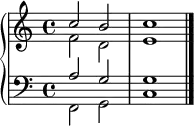 
\version "2.14.2"
\header {
  tagline = ##f
}
upper = \relative c'' {
  \clef treble 
  \key c \major
  \time 4/4
  \tempo 4 = 100
  %\autoBeamOff

   << { c2 b c1 } \\ { f,2 d e1 } >>
   \bar "|."

}

lower = \relative c' {
  \clef bass
  \key c \major
  \time 4/4
    
   << { a2 g g1 } \\ { f,2 g c1 } >>
   
} 

\score {
  \new PianoStaff <<
    \set PianoStaff.instrumentName = #""
    \new Staff = "upper" \upper
    \new Staff = "lower" \lower
  >>
  \layout {
    \context {
      \Score
      \remove "Metronome_mark_engraver"
    }
  }
  \midi { }
}
