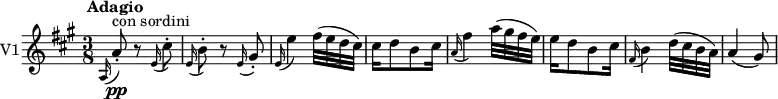 
\version "2.18.2"
 \new Staff \with { instrumentName = #"V1"}
 \relative c' {
    \key a \major 
    \tempo " Adagio"
    \time 3/8
    \tempo 4 = 50
    
     \grace a16 (a'8)-.  \pp  ^ \markup {con sordini}  r  \grace e16 (cis'8)-.
     \grace e,16 (b'8)-. r \grace e,16 (gis8)-.
     \grace e16 (e'4) fis32 (e d cis)
     cis16 d8 b cis16
     \grace a16 (fis'4) a32 (gis fis e)
     e16 d8 b cis16
     \grace fis,16 (b4) d32 (cis b a)
     a4 (gis8)
}
