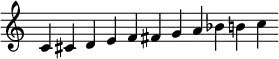 
\relative c'
\new Staff \with {\remove "Time_signature_engraver"}
{
\time 10/1
\autoBeamOff
\clef treble
\override Rest #'style = #'classical
c4 cis d e f fis g a bes b c
}
