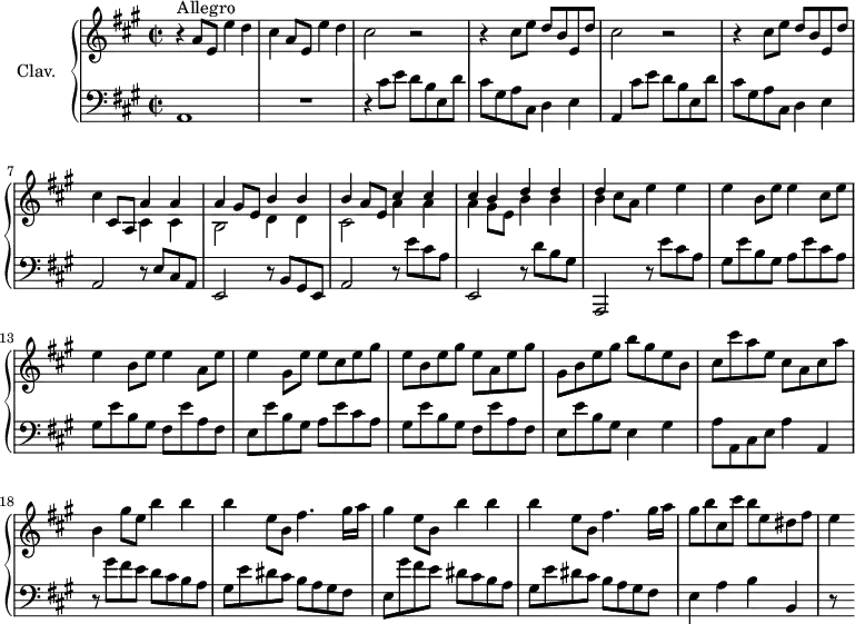 
\version "2.18.2"
\header {
  tagline = ##f
  % composer = "Domenico Scarlatti"
  % opus = "K. 456"
  % meter = "Allegro"
}

%% les petites notes
%trillBesp     = { \tag #'print { bes4.\prall } \tag #'midi { c32 bes c bes~ bes4 } }

upper = \relative c'' {
  \clef treble 
  \key a \major
  \time 2/2
  \tempo 2 = 82
  \set Staff.midiInstrument = #"harpsichord"
  \override TupletBracket.bracket-visibility = ##f

      s8*0^\markup{Allegro}
      r4 a8 e e'4 d | cis a8 e e'4 d | \repeat unfold 2 { cis2 r2 | r4 cis8 e d b e, d' } |
      % ms. 7
      cis4 cis,8 a << { a'4 a | a gis8 e b'4 b } \\ { cis,4 cis | b2 d4 d } >> | 
      % ms. 9
      << { b'4 a8 e cis'4 cis | cis b d d | d } \\ { cis,2 a'4 a | a gis8 e b'4 b | b } >> cis8 a e'4 e | e b8 e e4 cis8 e |
      % ms. 13
      e4 b8 e e4 a,8 e' | e4 gis,8 e' e cis e gis | e b e gis e a, e' gis | gis, b e gis b gis e b |
      % ms. 17
      cis8 cis' a e cis a cis a' | b,4 gis'8 e b'4 b | b e,8 b fis'4. gis16 a | gis4 e8 b b'4 b |
      % ms. 21
      b4 e,8 b fis'4. gis16 a | gis8 b cis, cis' b e, dis fis | e4

}

lower = \relative c' {
  \clef bass
  \key a \major
  \time 2/2
  \set Staff.midiInstrument = #"harpsichord"
  \override TupletBracket.bracket-visibility = ##f

    % ************************************** \appoggiatura a16  \repeat unfold 2 {  } \times 2/3 { }   \omit TupletNumber 
      a,1 | R1 | r4 cis'8 e d b e, d' | cis gis a cis, d4 e |
      % ms. 5
      a,4 cis'8 e d b e, d' | cis gis a cis, d4 e | a,2 r8 e'8 cis a | e2 r8 b'8 gis e |
      % ms. 9
      a2 r8 e''8 cis a | e,2 r8 d''8 b gis | a,,2 r8 e'''8 cis a | gis e' b gis a e' cis a |
      % ms. 13
      gis8 e' b gis fis e' a, fis | e e' b gis a e' cis a | gis e' b gis fis e' a, fis | e e' b gis e4 gis |
      % ms. 17
      a8 a, cis e a4 a, | r8 gis''8 fis e d cis b a | gis e' dis cis b a gis fis | e gis' fis e dis cis b a |
      % ms. 21
      gis8 e' dis cis b a gis fis | e4 a b b, | r8 s8

}

thePianoStaff = \new PianoStaff <<
    \set PianoStaff.instrumentName = #"Clav."
    \new Staff = "upper" \upper
    \new Staff = "lower" \lower
  >>

\score {
  \keepWithTag #'print \thePianoStaff
  \layout {
      #(layout-set-staff-size 17)
    \context {
      \Score
     \override SpacingSpanner.common-shortest-duration = #(ly:make-moment 1/2)
      \remove "Metronome_mark_engraver"
    }
  }
}

\score {
  \keepWithTag #'midi \thePianoStaff
  \midi { }
}
