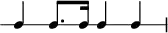 
\header {
  tagline = ##f
}

\score {
  \new RhythmicStaff {
    \time 4/4
    \numericTimeSignature
    \omit Staff.TimeSignature

   c4 c8. c16 c4 c

  }
  \layout {
   % indent = #0
  }
  \midi {}
}
