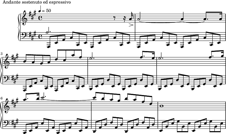 
\version "2.18.2"
\header {
  tagline = ##f
}
upper = \relative c'' {
  \clef treble 
  \key a \major
  \time 4/4
  \tempo 4 = 50
  %\autoBeamOff

   %%Montgeroult — Étude 110 (pdf p. 192)
   
   \stemUp \change Staff = "lower" a,2. \change Staff = "upper" r8 r16 a'16\> a2~\! a4~ a8. a16 b8 a gis a d cis a' fis e2. fis8. e16 e2. fis8. gis16 a8. b16 cis2.~ cis8 b a gis b a fis d b1

}

lower = \relative c {
  \clef bass
  \key a \major
  \time 4/4

   \omit TupletNumber \repeat unfold 6 { \times 2/3 { a,8 e' a } \times 2/3 { cis cis, e }  } 
   \repeat unfold 4 { \times 2/3 { b e gis } \times 2/3 { d' e, gis } }
   \repeat unfold 2 { \times 2/3 { cis, e a } \times 2/3 { e' e, a } }
   \repeat unfold 2 { \times 2/3 { d, a' d } \times 2/3 { fis a, d } }
   \repeat unfold 2 { \times 2/3 { e, b' e } \times 2/3 { gis b, e } }

}

  \header {
    piece = "Andante sostenuto ed espressivo"
  }

\score {
  \new PianoStaff <<
    \new Staff = "upper" \upper
    \new Staff = "lower" \lower
  >>
  \layout {
    \context {
      \Score
      
    }
  }
  \midi { }
}
