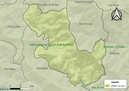 Carte de la ZNIEFF de type 2 sur la commune.