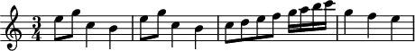 
\header {
  tagline = ##f
}

\score {
  \new Staff \with {

  }
<<
  \relative c'' {
    \key c \major
    \time 3/4
    \override TupletBracket #'bracket-visibility = ##f 
    %\autoBeamOff

     %%%%%%%%%%%%%%%%%%%%%%%%%% K15f
     e8 g c,4 b e8 g c,4 b c8 d e f g16 a b c g4 f e

  }
>>
  \layout {
    \context {
      \remove "Metronome_mark_engraver"
    }
  }
  \midi {}
}
