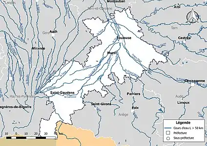 Carte des cours d'eau de longueur supérieure à 50&nbsp;km de la Haute-Garonne.